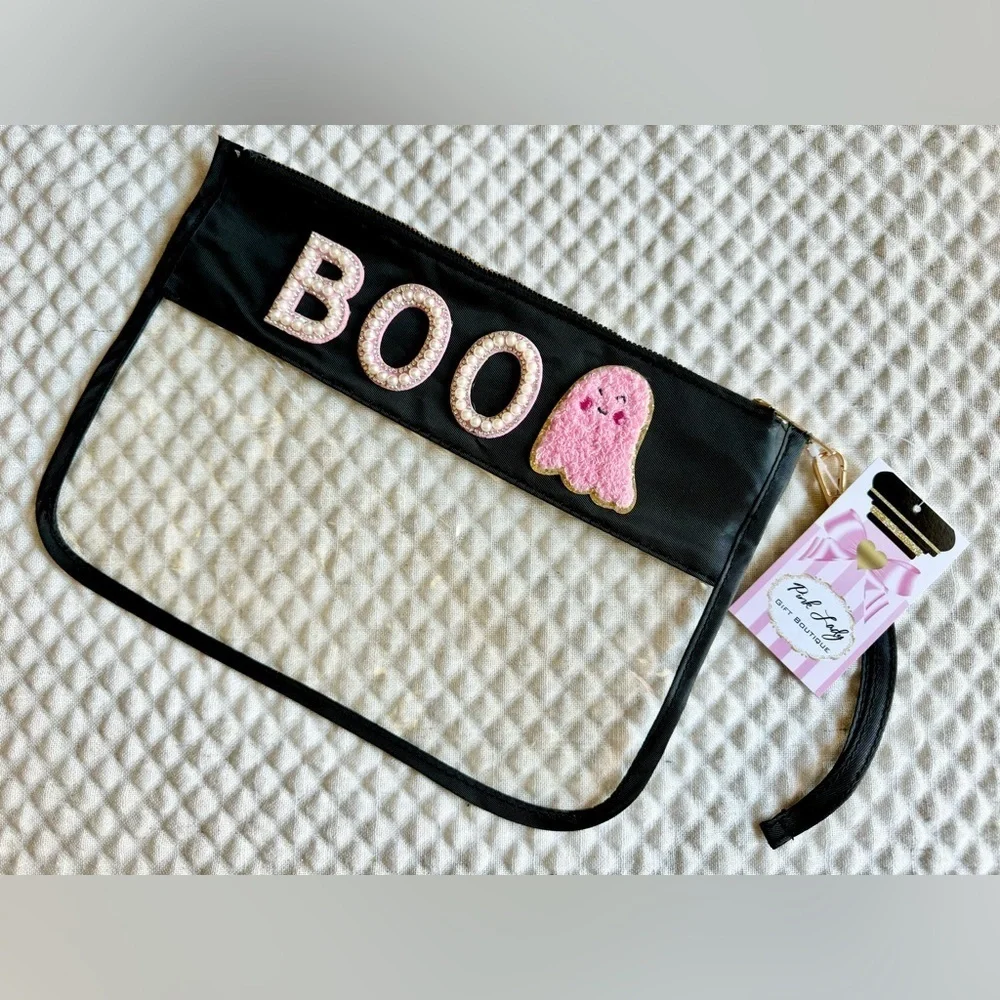 New Halloween Boo Pink Ghost Black & Clear Zippered Makeup Wristlet Bag - 11.5”